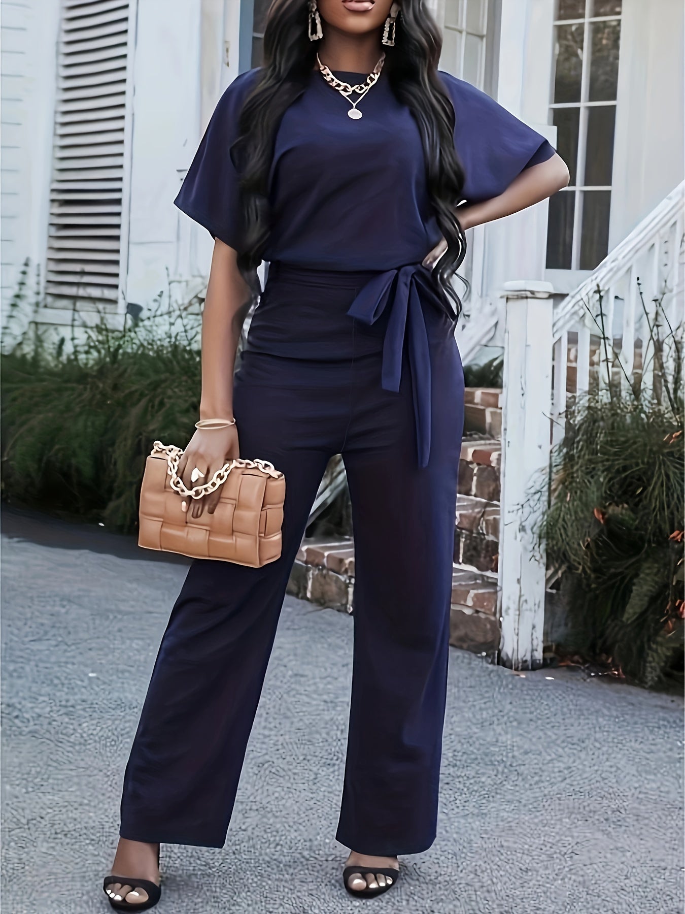 Keyhole Jumpsuit Crew Neck Short Sleeve Wide Leg Jumpsuit