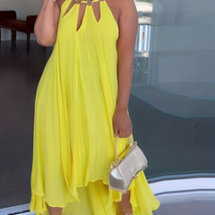 Sexy Plus Solid Halter Dress Asymmetric Trim M