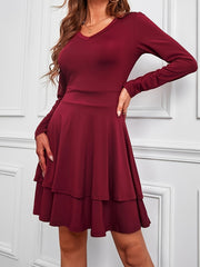 Solid Long Sleeve V Neck Layered A line Dress