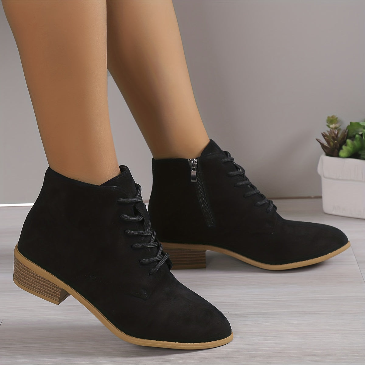Women's Chunky Heel Ankle Boots Side Zipper Pointed Toe Outdoor Shoes