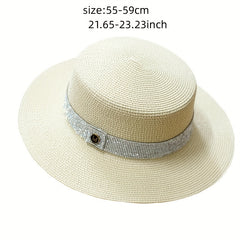 Rhinestone Strap Decor Sun Hat M Label Flat Top British Travel Beach Hat Women