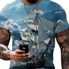 Sailboat 3D Pattern Men's Short Sleeve Graphic Tee Summer Clothes