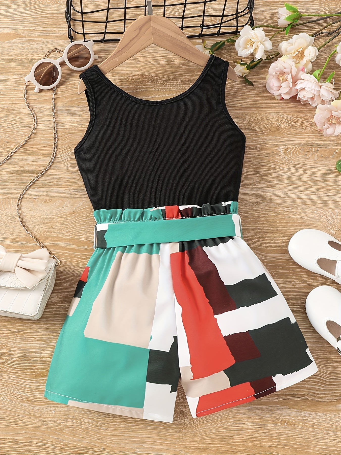 2pc Toddler Girls Ribbed Knit Tank Tops & Belted Shorts Set