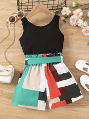 2pc Toddler Girls Ribbed Knit Tank Tops & Belted Shorts Set