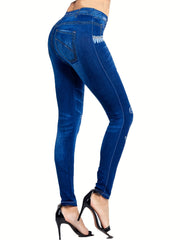Denim & Butterfly Print Leggings Casual Stretchy Leggings