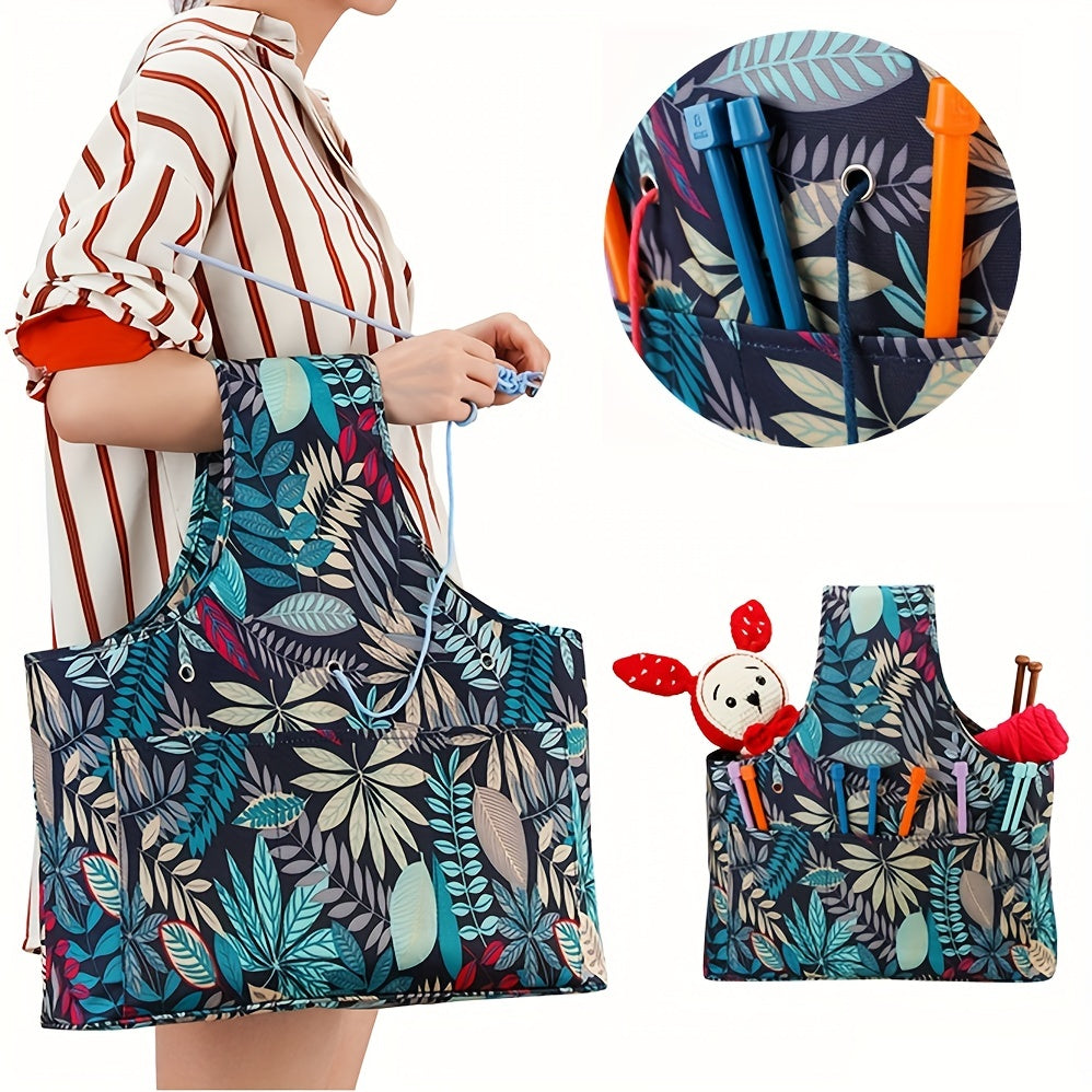 Waterproof Yarn Storage Bag Large Capacity Knitting Tote Leaves Pattern