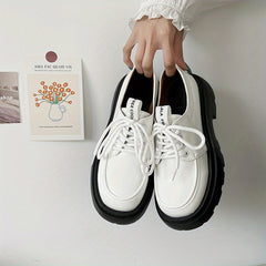 Women's Platform Loafers Round Toe Lace Up Patent Leather Shoes
