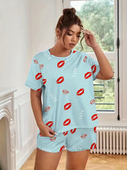 Kiss & Lips Print Tee & Shorts Comfort Loungewear Set