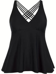 Modest Tankini Set V Neck Crisscross Back Top & Panty Swimsuit