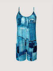 Y2K Patchwork Print Romper Jumpsuit Sleeveless Cami With Pocket