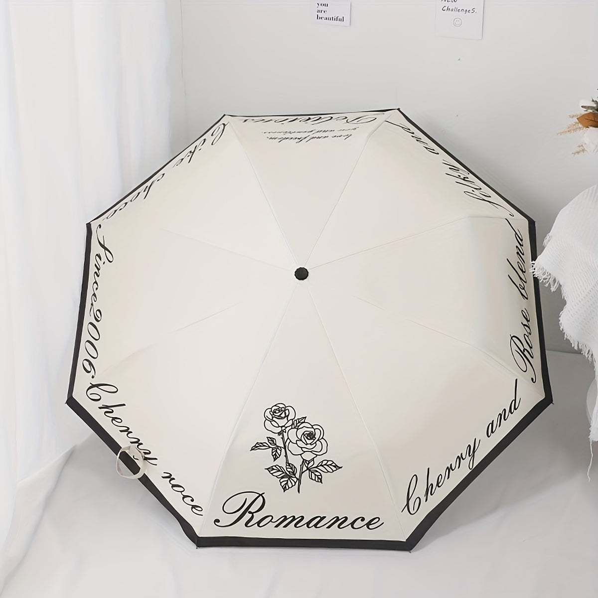 Romantic And Rose Vinyl Auto Folding Umbrella Rain Or Shine Dual use Umbrella