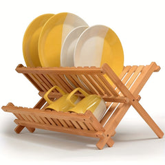 2 Tier Bamboo Dish Drying Rack Collapsible Foldable Kitchen Plate Drainer