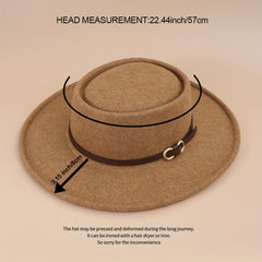 Buckle Flat Top Hat Wide Brim Sunshade Woolen Jazz Hat