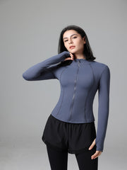 Solid Crew Neck Full Zipper Yoga Sports Jacket