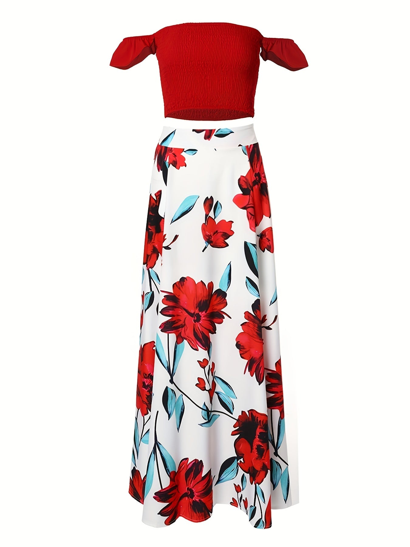 Sexy Two piece Skirt Set Off Shoulder Top & Floral Print Split Skirt
