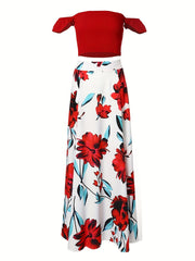 Sexy Two piece Skirt Set Off Shoulder Top & Floral Print Split Skirt
