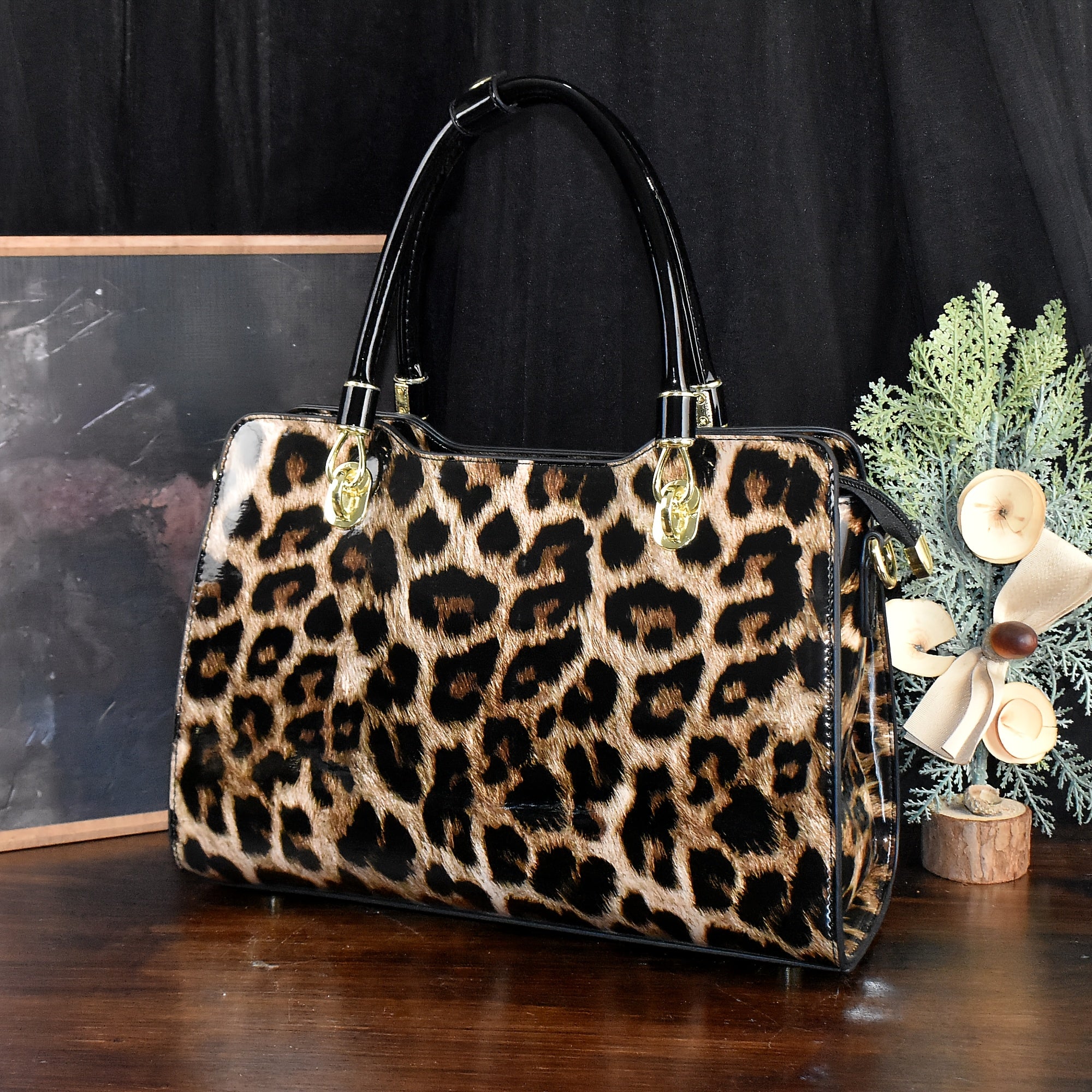 Leopard Print Tote Bag with Removable Strap Zipper Closure Polyester Lining