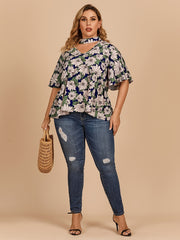 Floral Print Halter Neck Short Sleeve Blouse Plus Size