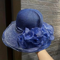 Mesh Flower Decor Sun Hat Organza Ruffles Derby Hat