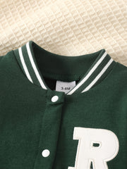Baby Boy R Letter Patch Embroidered Long Sleeved Jumpsuit
