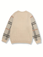 Vintage Check Sweater Men's Warm Crew Neck Pullover for Fall Winter