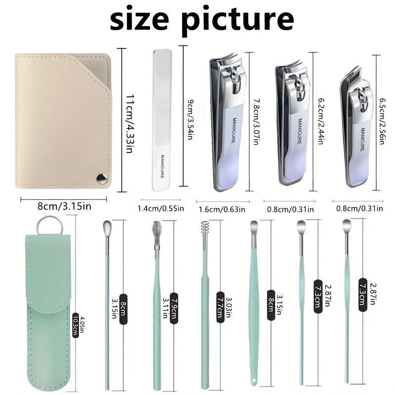 10pcs Nail Clipper & Ear Spoon Set Stainless Steel Nail Trimming Tools
