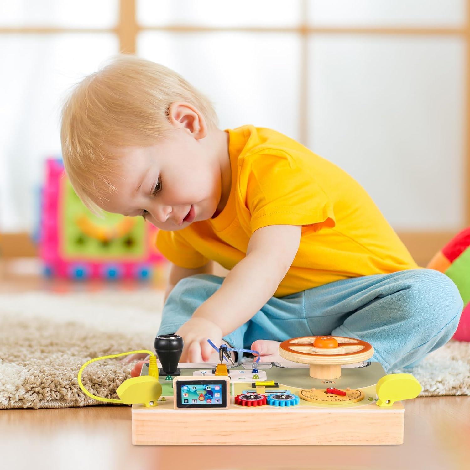 Dyzi Sensory Toy with Steering Wheel and LED Light Switches Wooden Busy Board