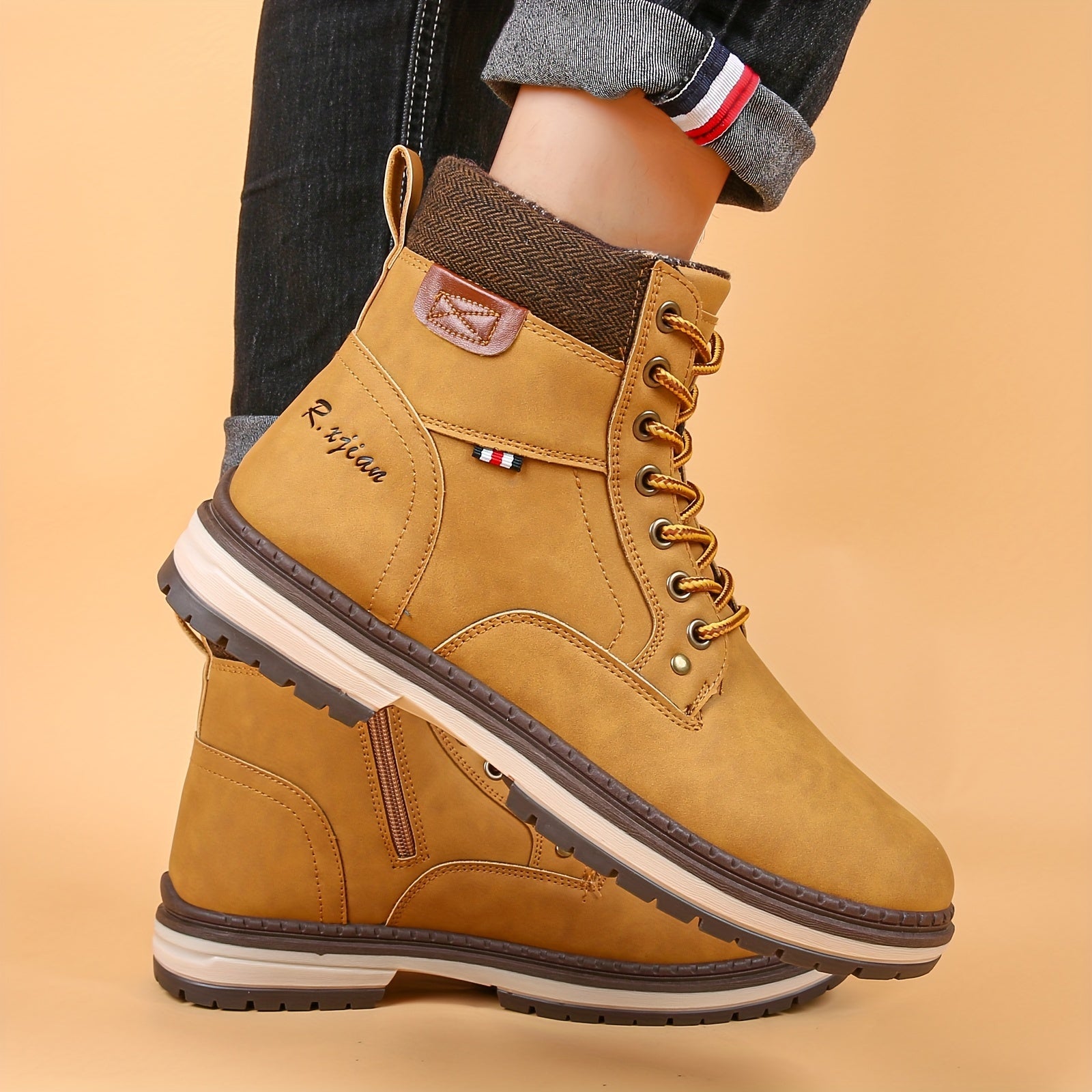 RXJIAN Men's High Top Hiking Shoes Good Grip Breathable Side Zipper Boots