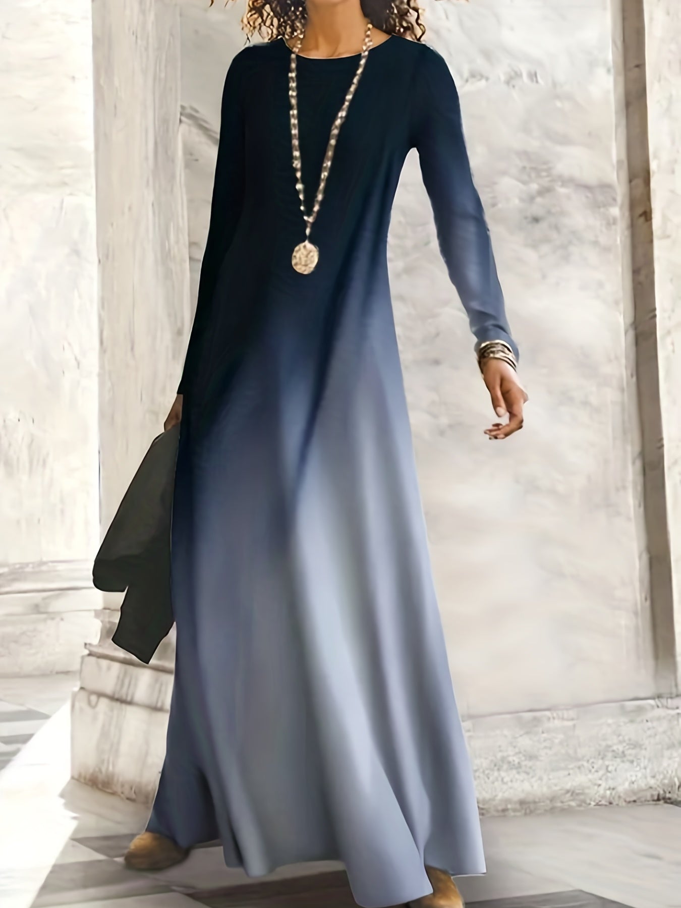 Ombre Long Sleeve Maxi Dress Round Neck High Stretch