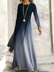 Ombre Long Sleeve Maxi Dress Round Neck High Stretch