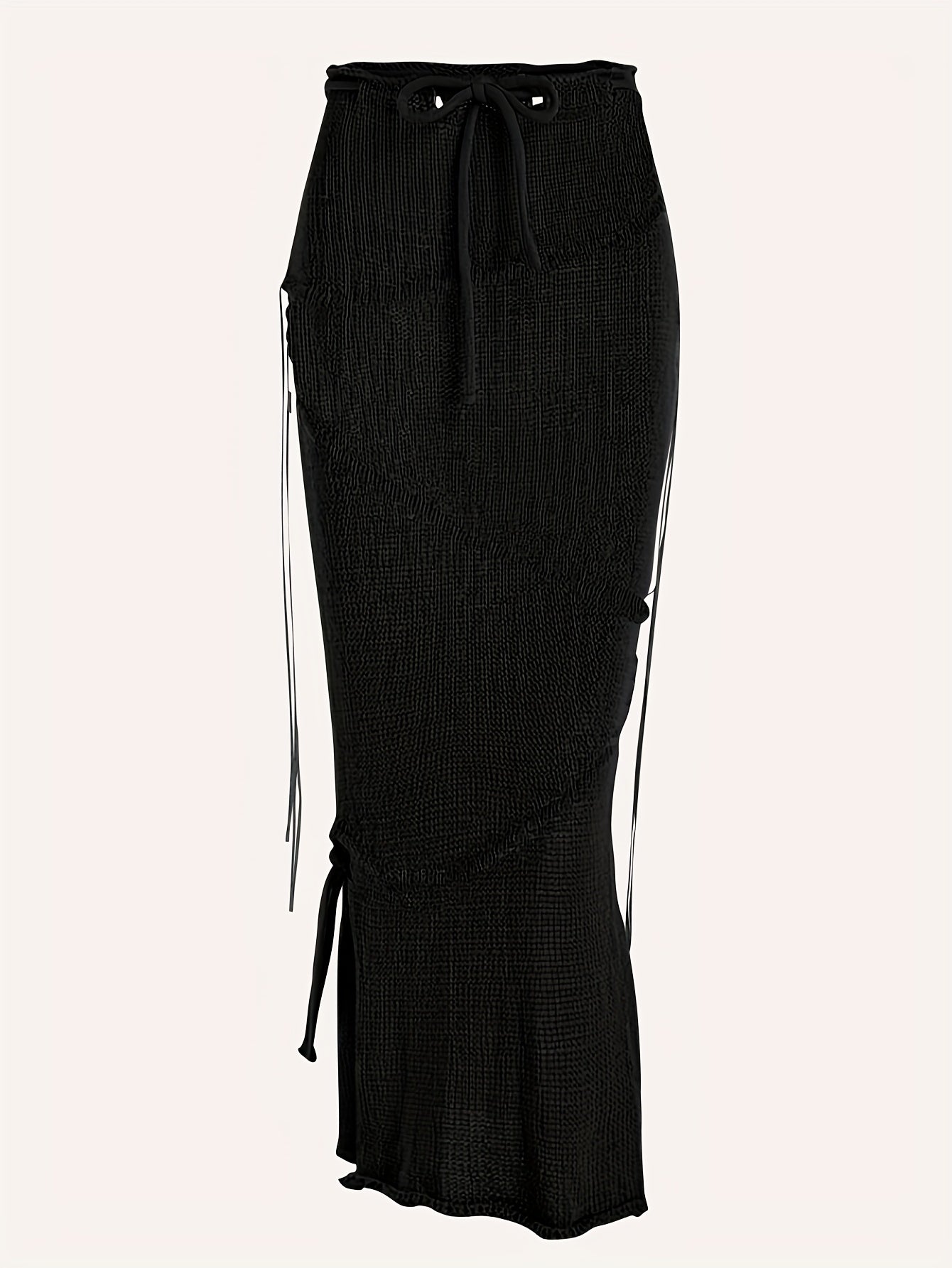 Knitted Drawstring Waist Side Shirring Skirt Casual Ankle Skirt