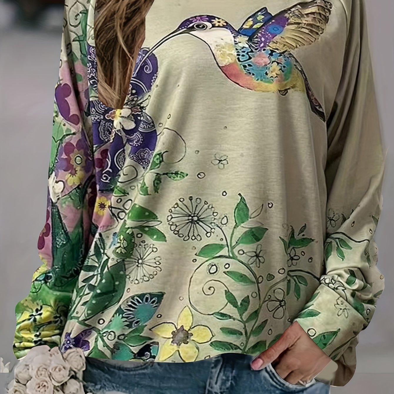 Floral & Bird Print Crew Neck Sweatshirt Women's Casual Long Sleeve Sweatshirt
