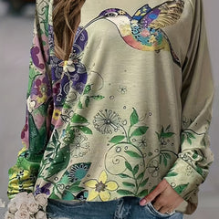 Floral & Bird Print Crew Neck Sweatshirt Women's Casual Long Sleeve Sweatshirt