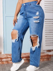 Street Jeans Washed Ripped Cut Out Button Fly Straight Leg