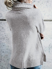 Solid Turtleneck Sweater Split Warm Knitted Jumper
