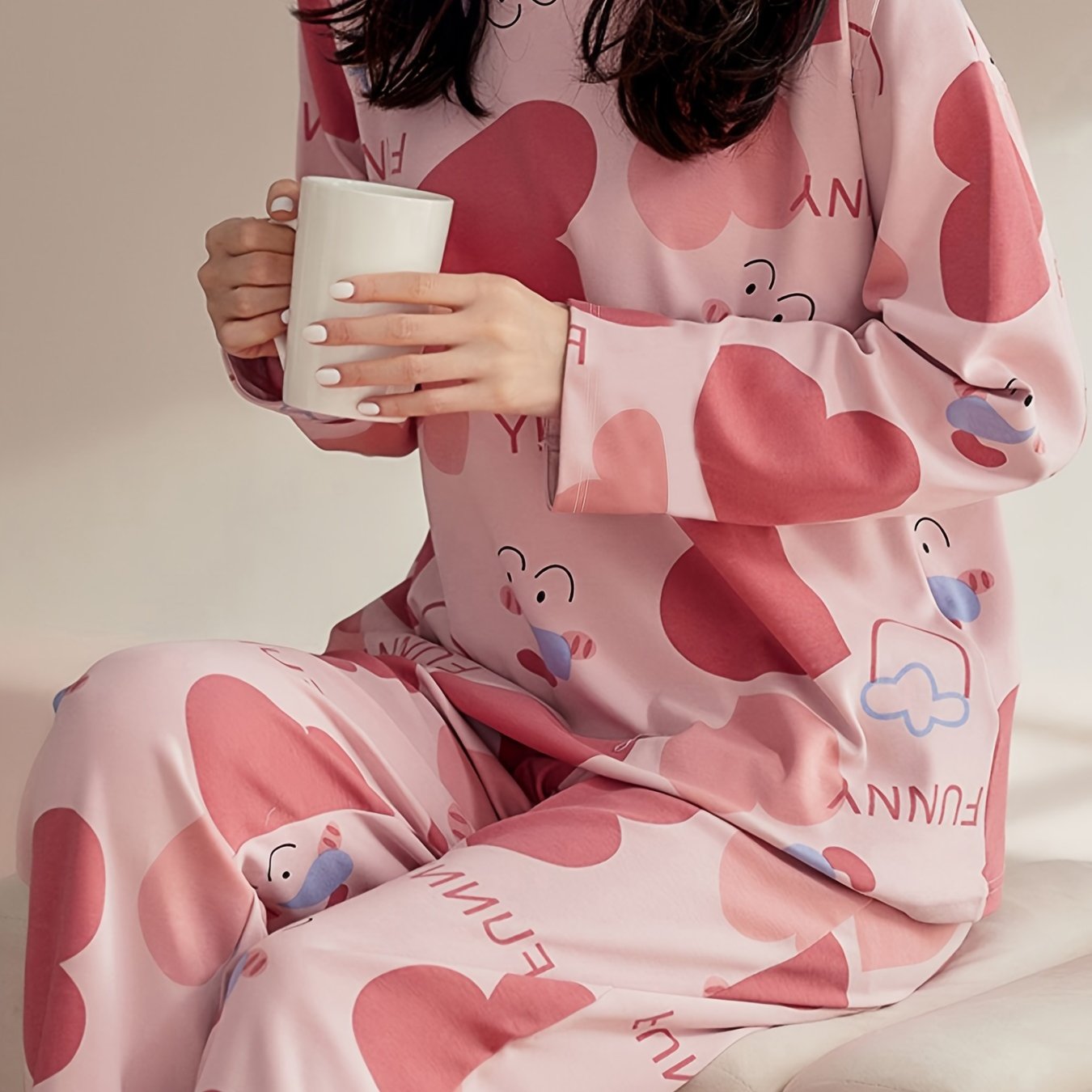 Heart Print Pajama Set Long Sleeve Crew Neck Top & Pants