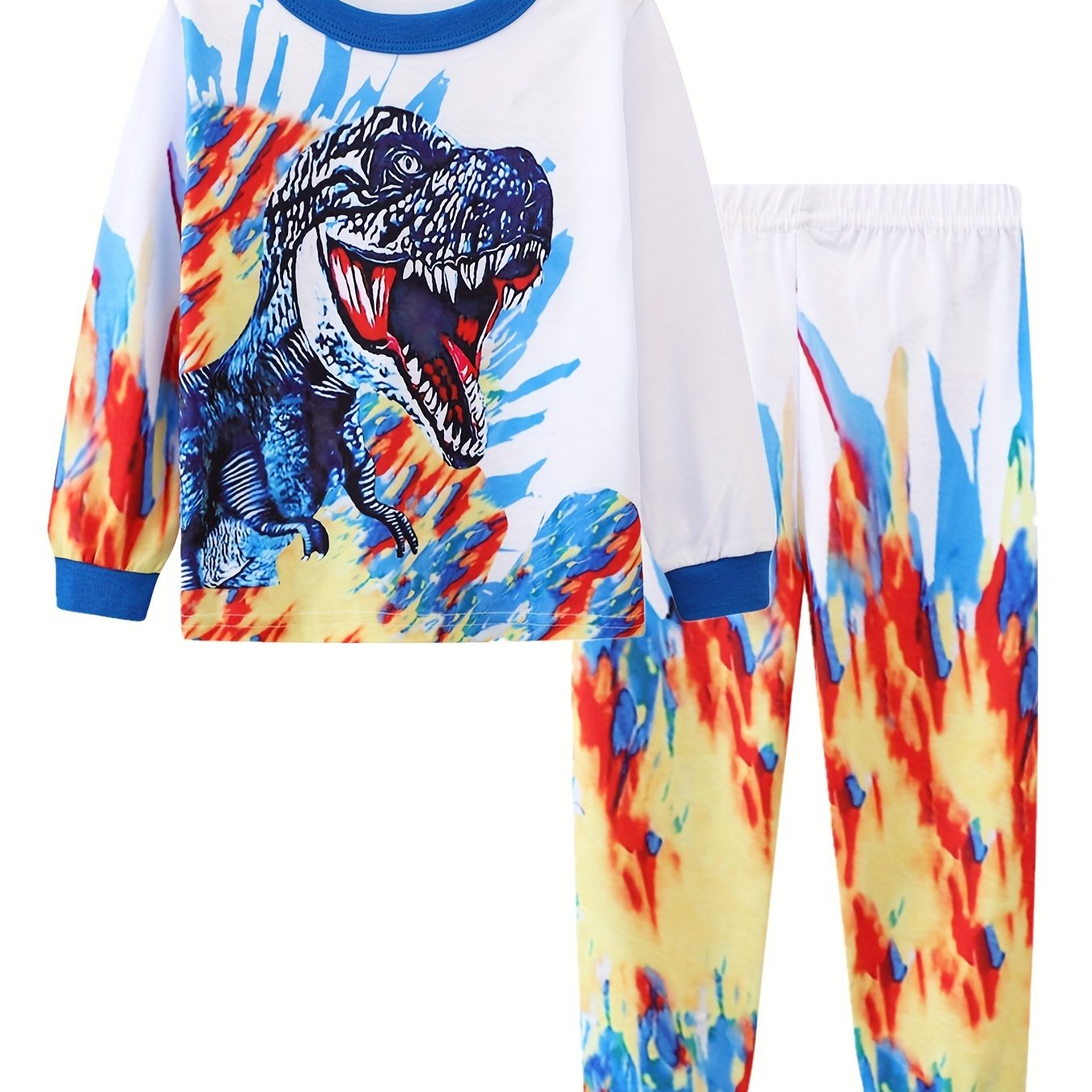 Boys Dinosaur Print Pajama Set Long Sleeve Round Neck Loungewear PJ