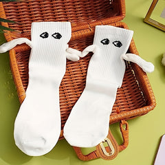 2-Pairs Couple Creative Mid-Calf Socks with 3D Magnetic Hand Holding Dolls