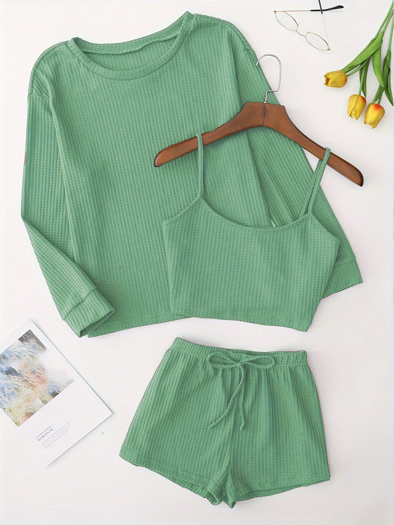 Solid Pajama Set Long Sleeve Top & Cami Top & Shorts