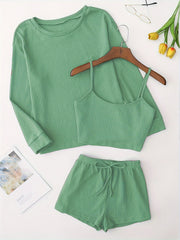 Solid Pajama Set Long Sleeve Top & Cami Top & Shorts