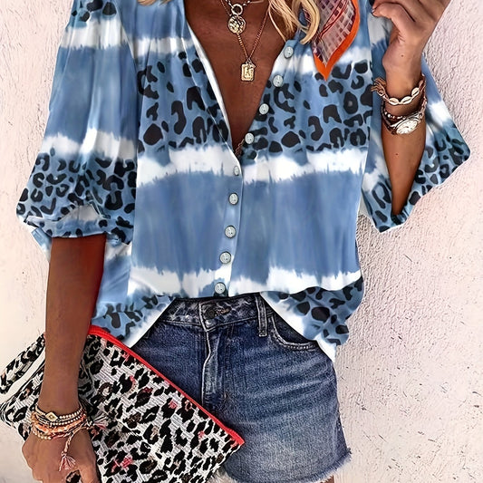 Colorblock Leopard Print Round Neck Blouse