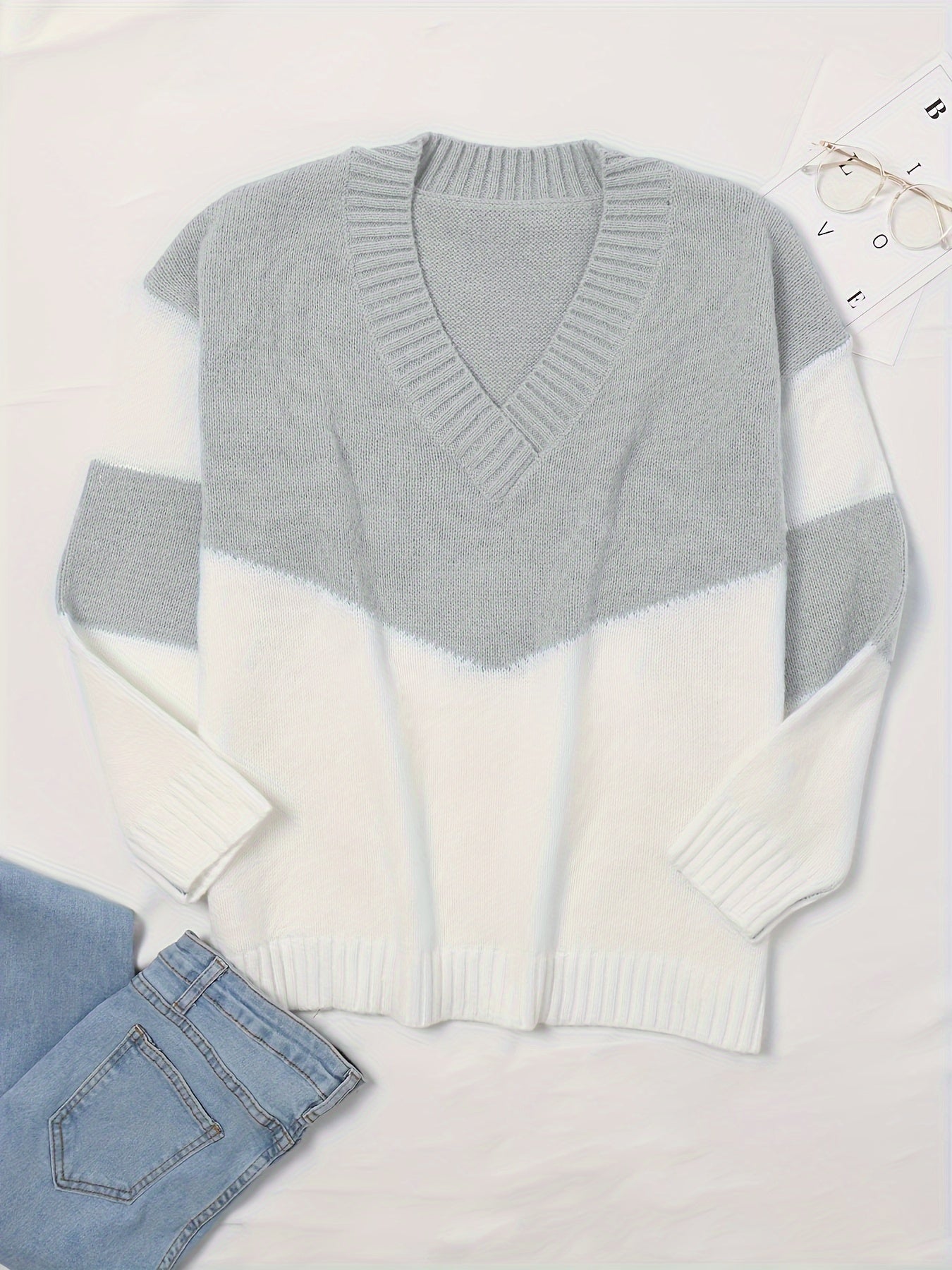 Colorblock V-Neck Sweater Long Sleeve Pullover