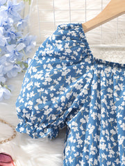 Girls Floral Print Square Neck Casual Dress for Summer