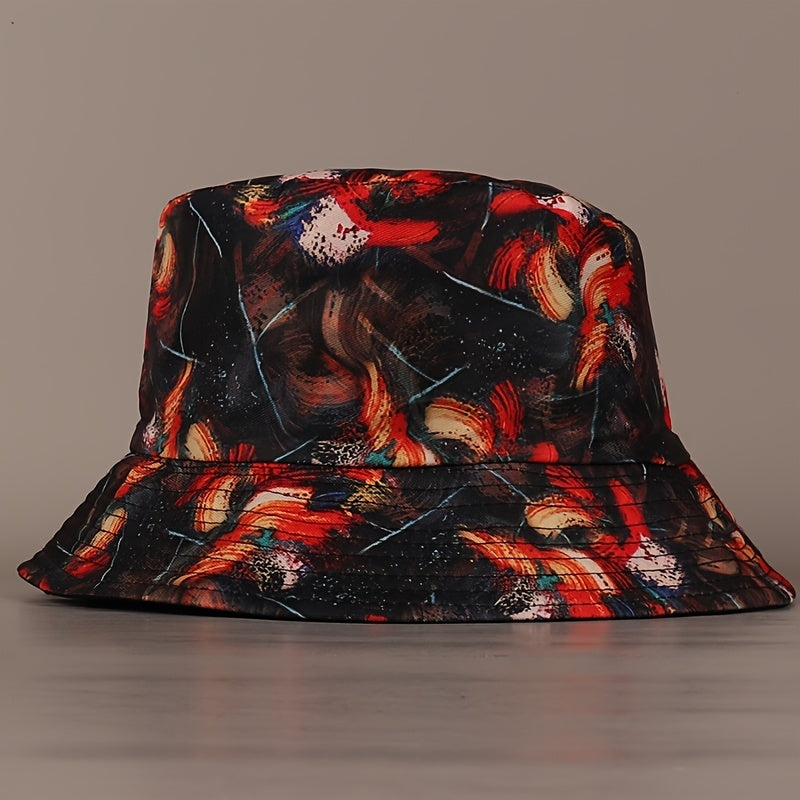 Red Reversible Bucket Hat Abstract Lines Fisherman Cap Vintage Lightweight