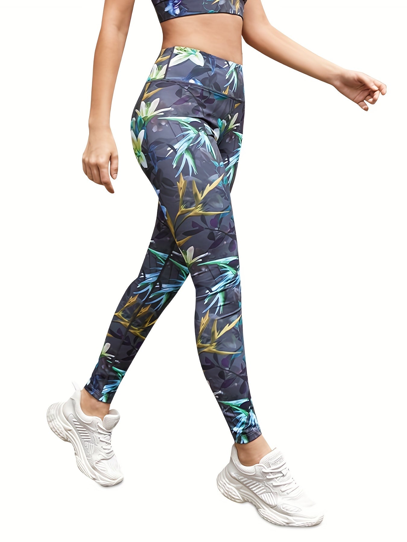 Flower & Leaf Print Leggings Butt Lifting Yoga Pants