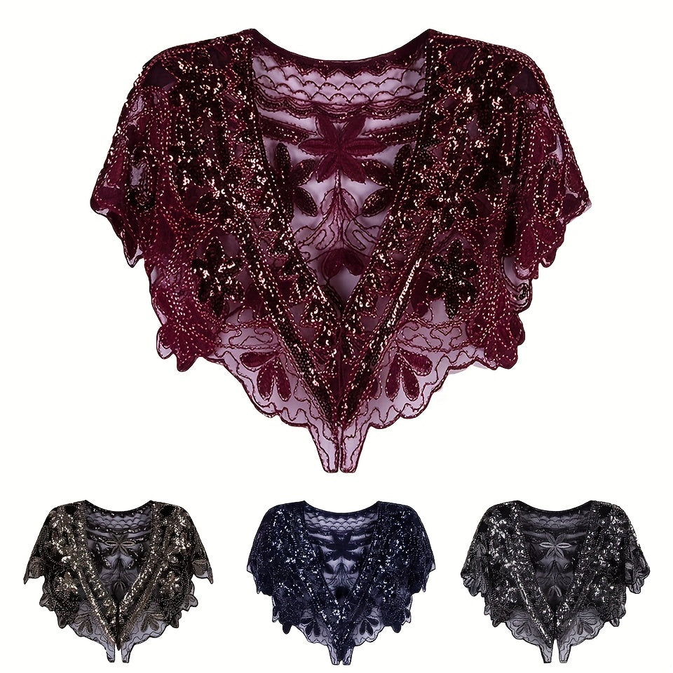 Vintage Embroidery Shawl Sequin Beads Lace Cape Women Glitter Scarf