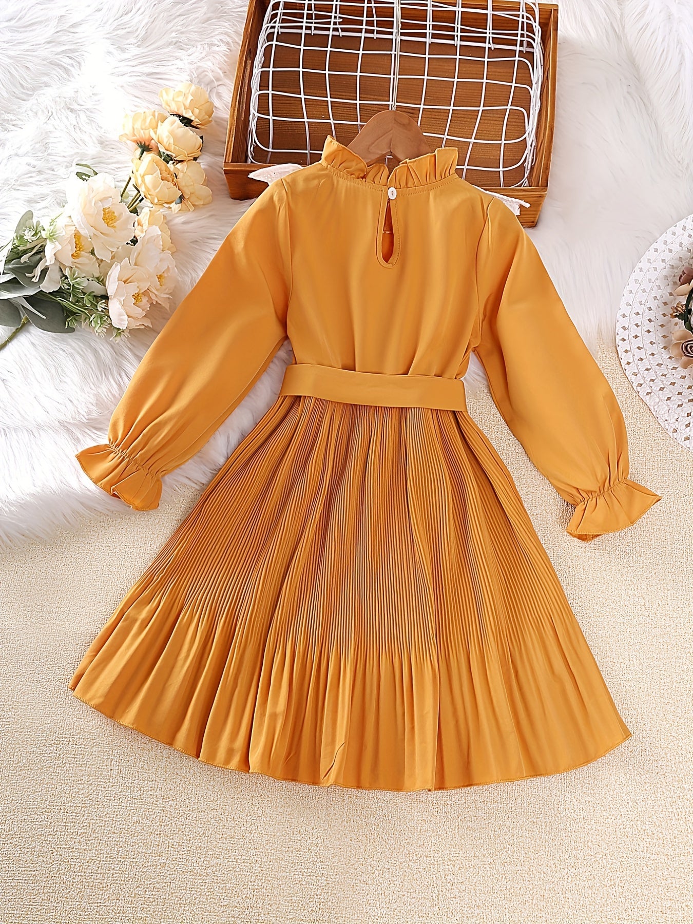 Girls' Ruffle Collar Flutter Lace Long Sleeve Casual Dress