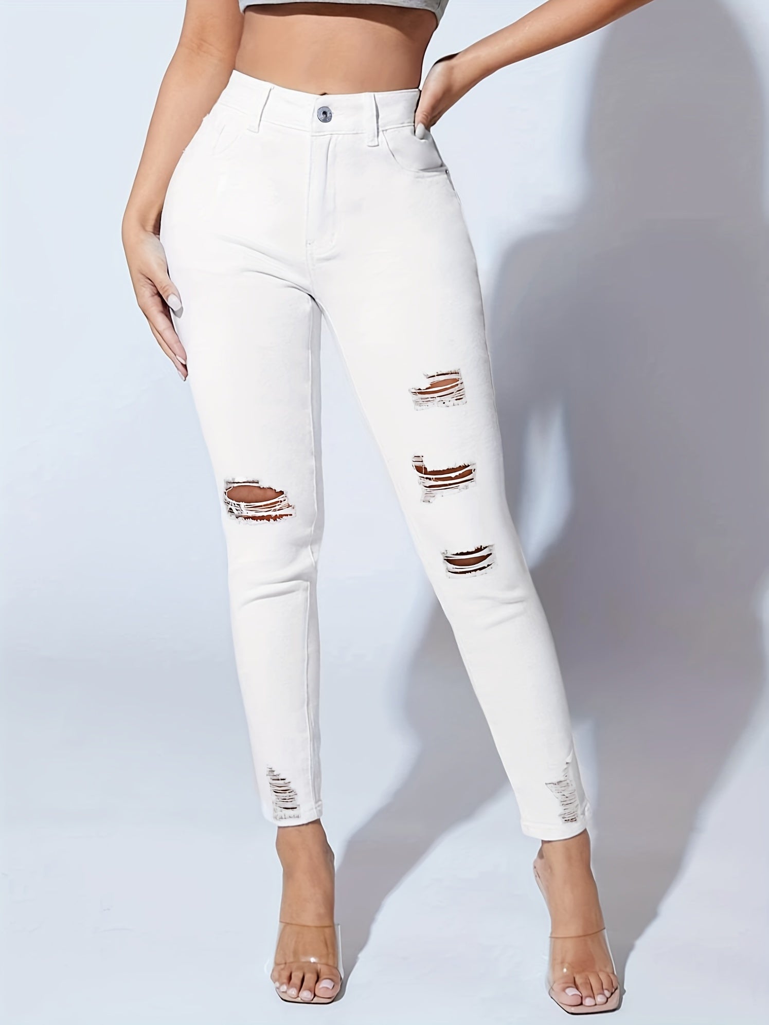 Stretch High-Waist Skinny Jeans Ripped Distressed Ankle-length Denim Pants