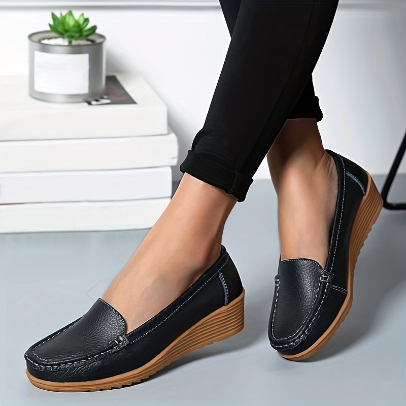 Crochet Trim Faux Leather Walking Loafers Solid Soft Platform Flat Shoes