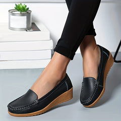 Crochet Trim Faux Leather Walking Loafers Solid Soft Platform Flat Shoes